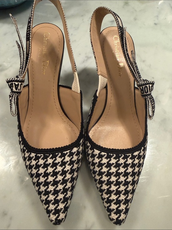 Dior Shoes - Dior Black and White Houndstooth Slingback Pumps with Logo Bow